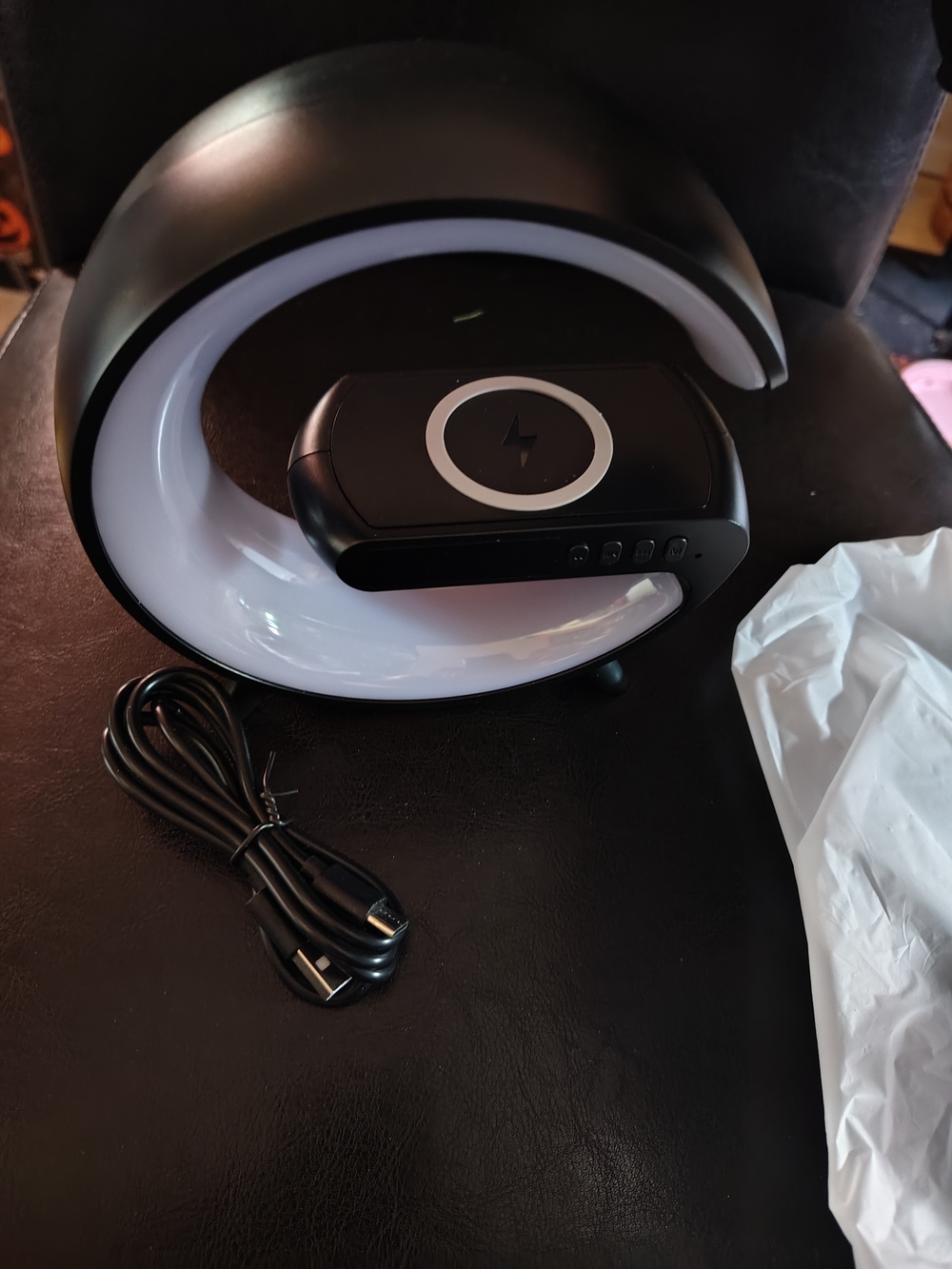VIKEFON G-Shaped Smart Atmosphere Lamp Clock Bluetooth Speaker Wireless Charger